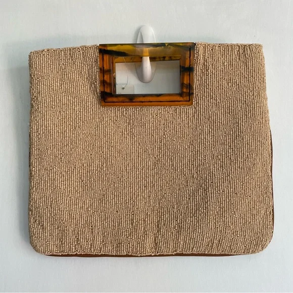 NWT Anthropologie Geometric Beaded Clutch in Beige Acrylic Handle Brown Black - Picture 3 of 11